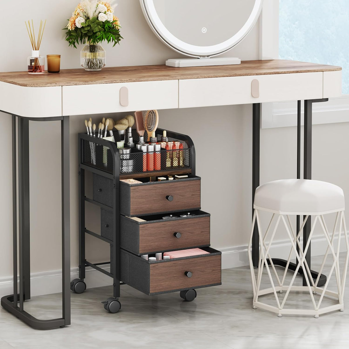 SWTYMIKI Rolling Makeup Organizer Cart - Under Desk Vanity Makeup Storage wit...