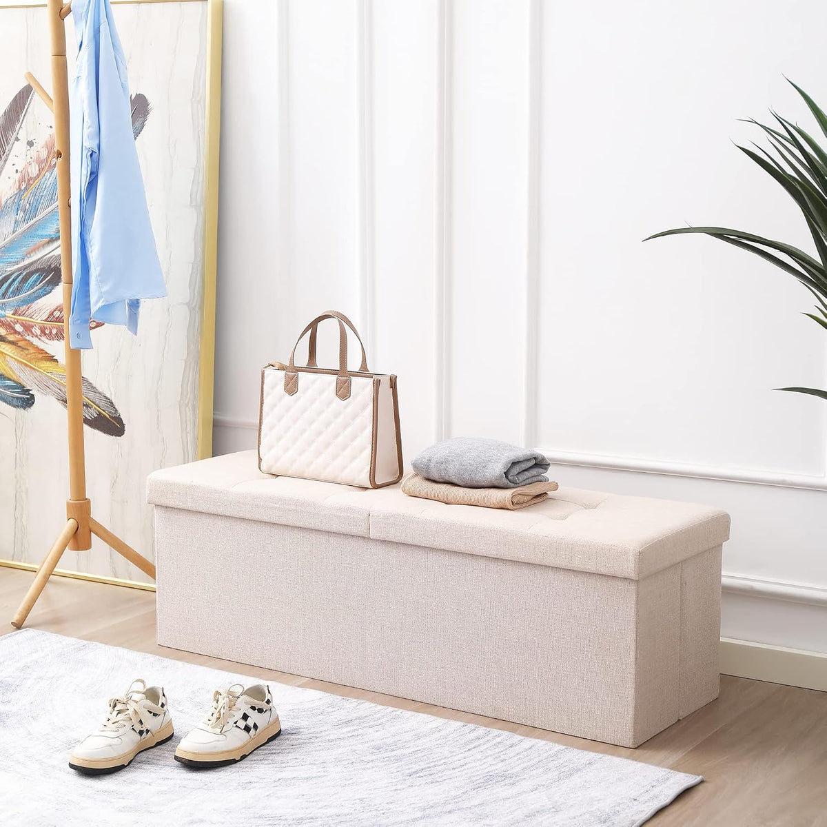 Storage Ottoman Bench Foldable Footrest Foot Stool, 45" Fabric Cream