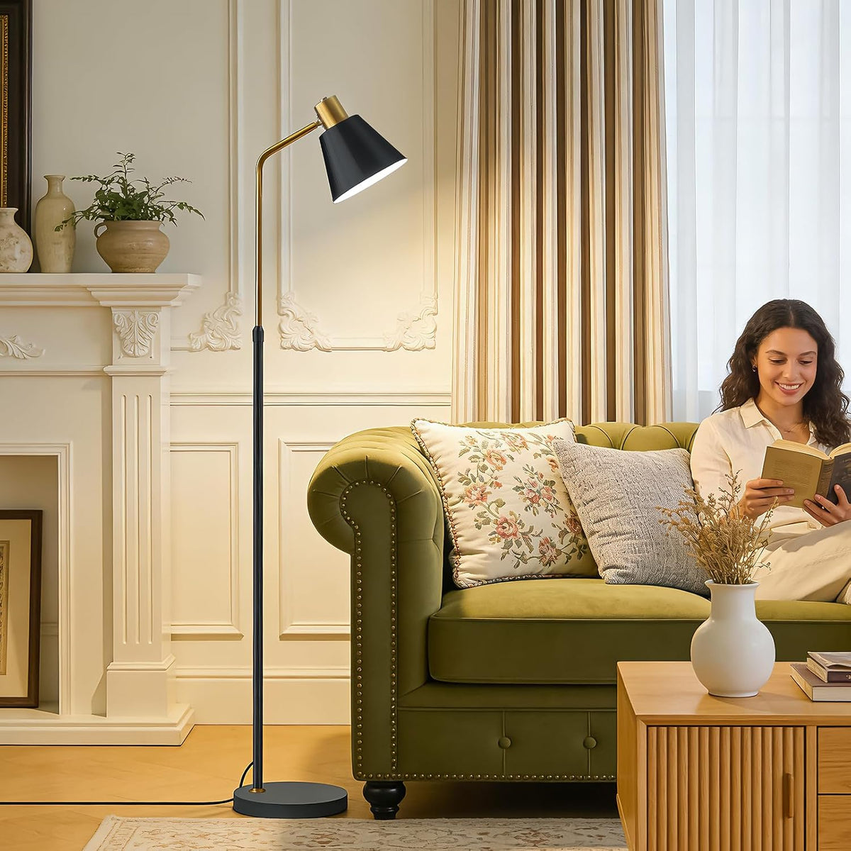 Bright Dimmable Black Gold Reading Floor Lamp, Adjustable Angle and Height
