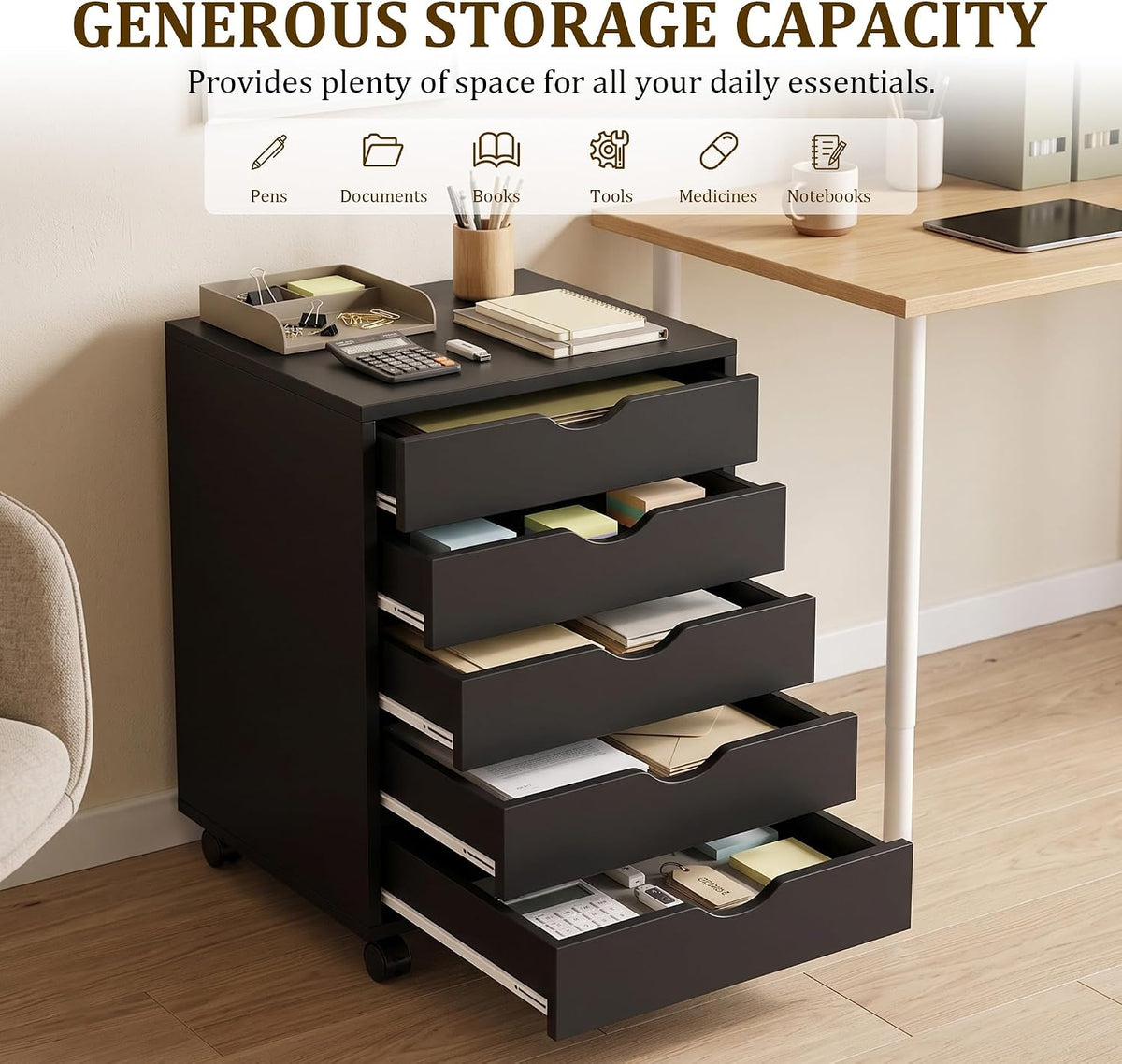 5 Drawer Chest, Office Drawer for Home & Office Printer Stand, Black