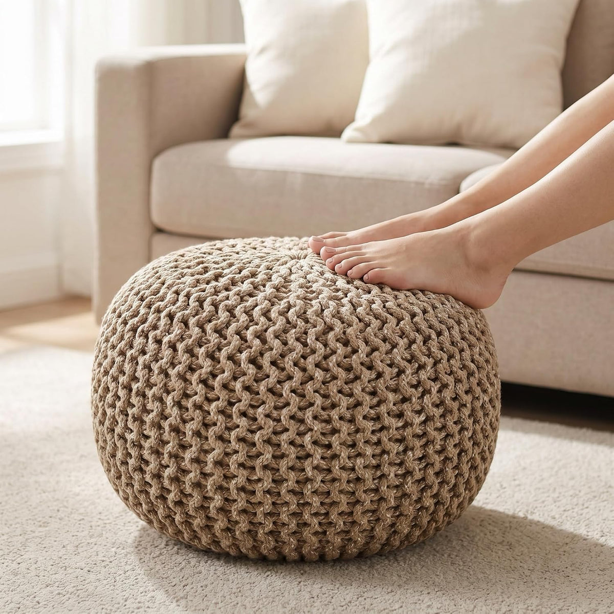 · REDEARTH · Round Pouf Ottoman - Hand Knitted Boho Poof - Beige Ivory