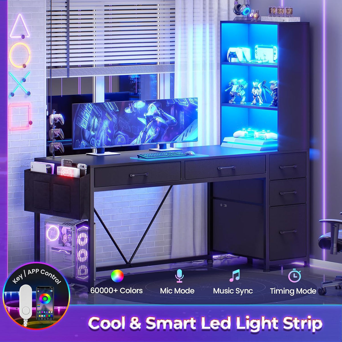 SEDETA Computer Gaming Desk with 5 Drawers and Bookshelf, Reversible Home Off...