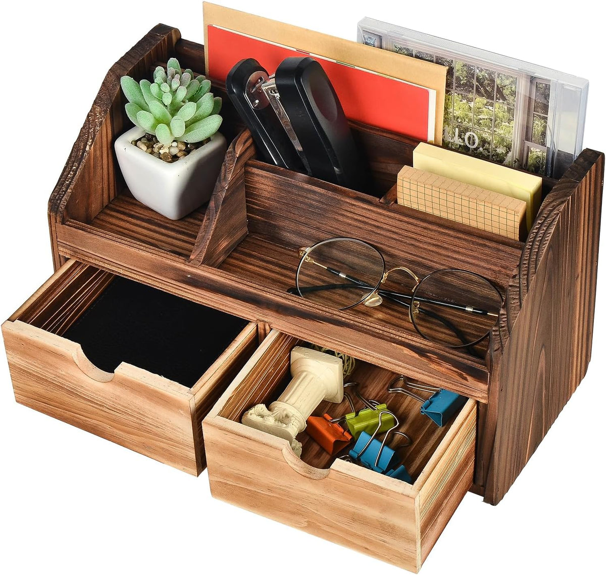 Rustic Torched Dark Brown Wood Desk Organizer Wooden Tabletop Stationery Hold...