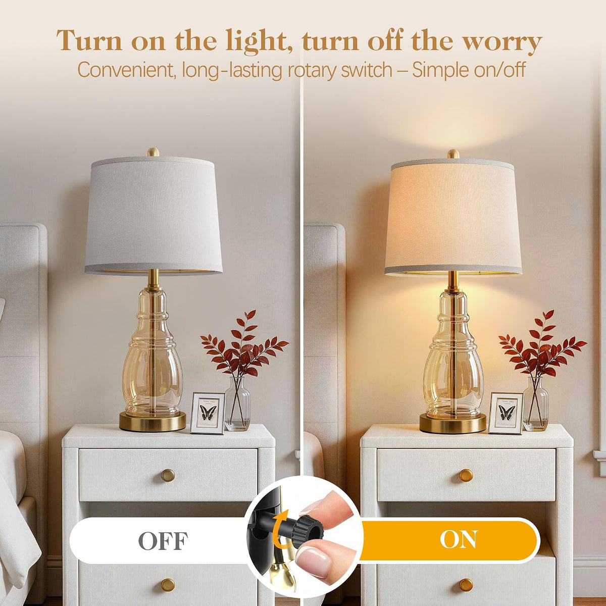 ROTTOGOON Glass Table Lamp Set of 2, Modern Table Lamps for Living Room Bedro...