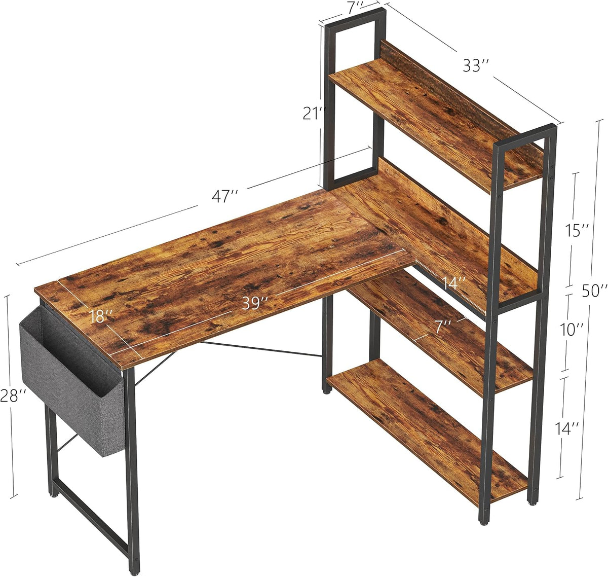 Treesland 47 Inch Computer Desk with Bookshelf, Corner Desk with Storage, L S...