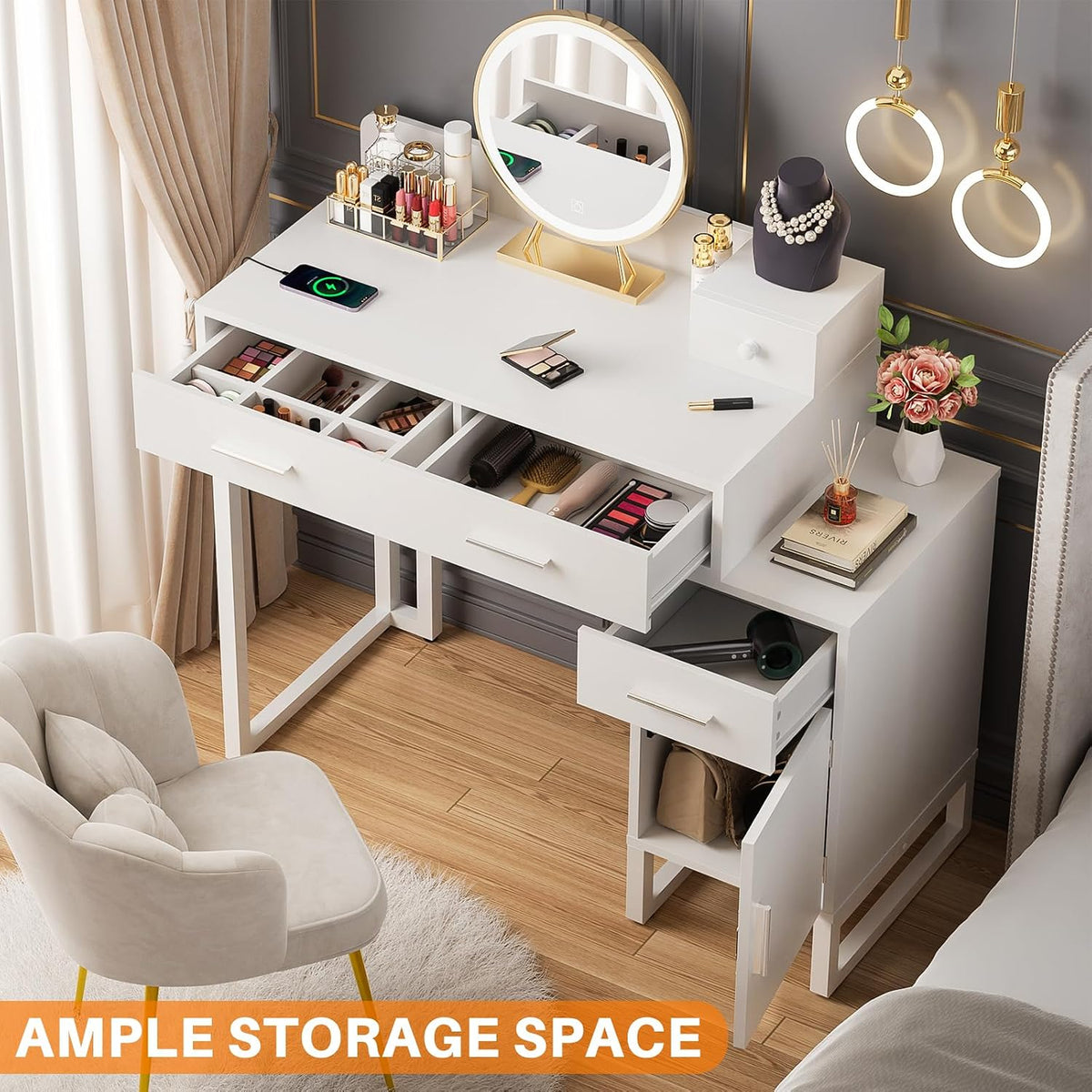 Vanity Desk with 4 Storage Drawers - Modern Makeup Vanity Table with Charging...