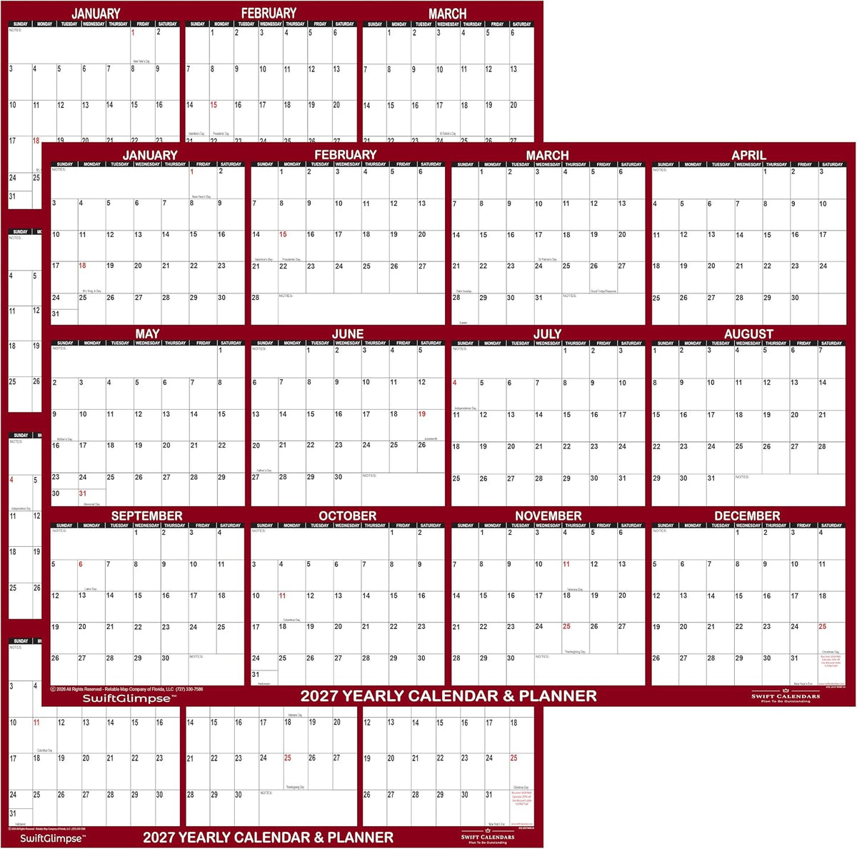 32" x 48" SwiftGlimpse 2027 Wall Calendar Erasable Large Wet & ...