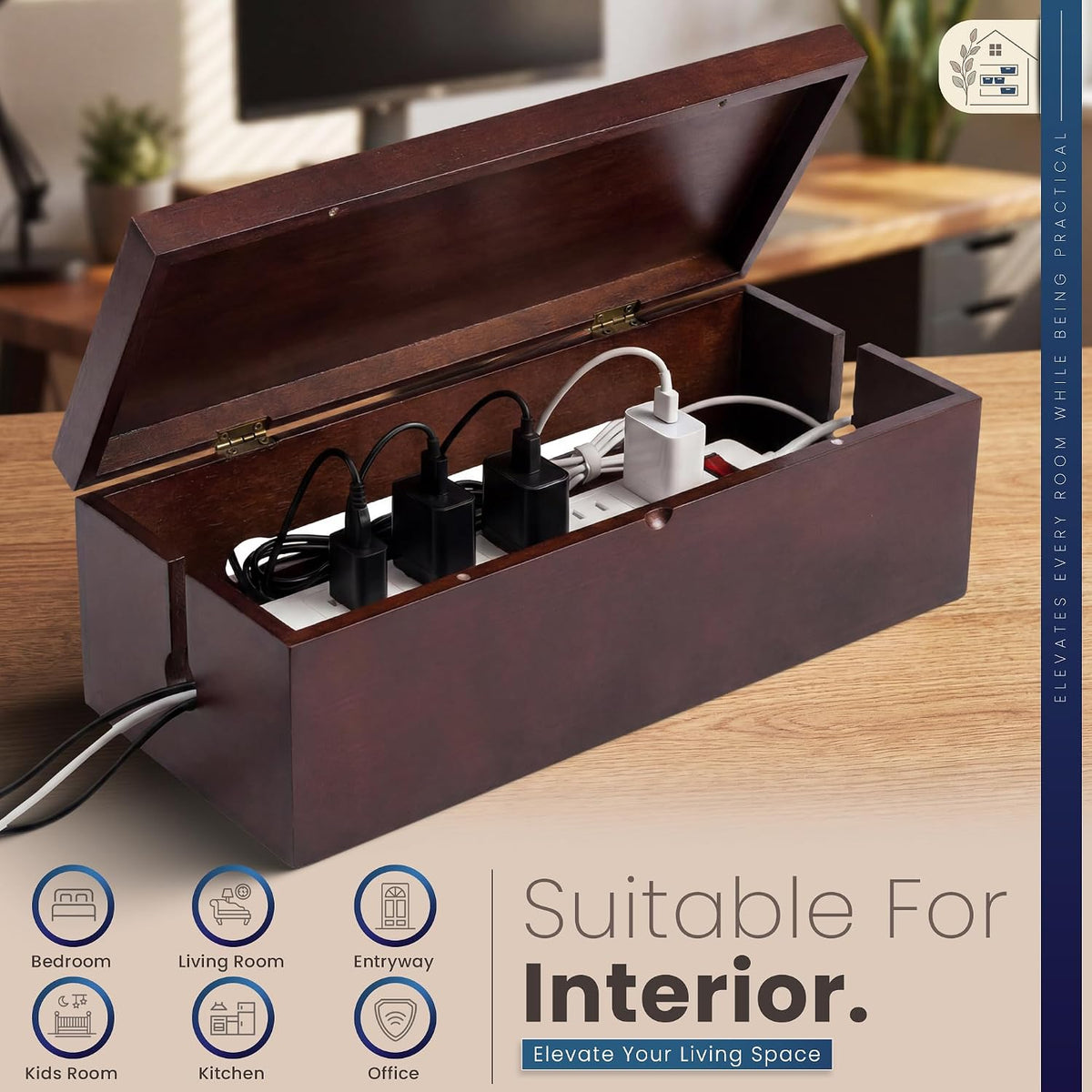 Solid Wood Cable Management Box - Large Cord Management Box Organizer; Cord H...