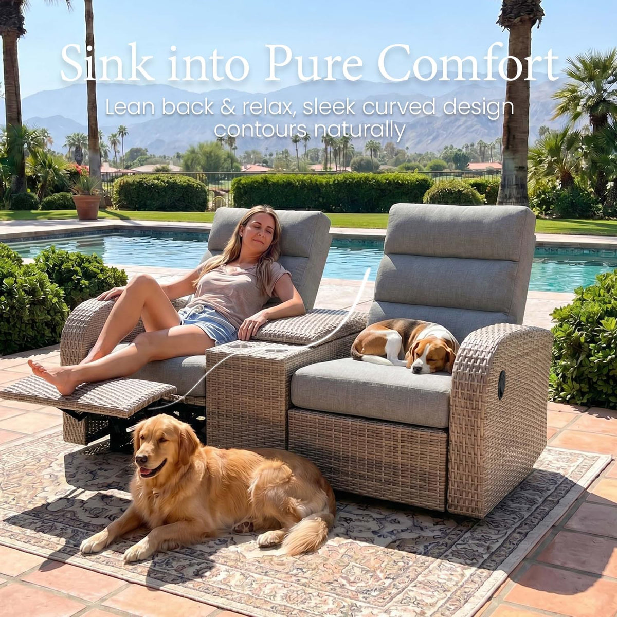 LayinSun Oversized Wicker Outdoor Recliner Lovseat with Adjustable Backrest &...