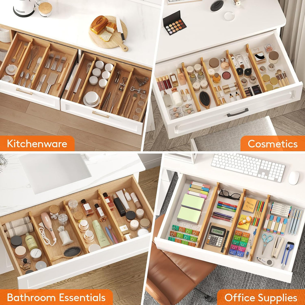 Lifewit 4" High Dresser Drawer Dividers, Adjustable Bamboo Drawer Organizer