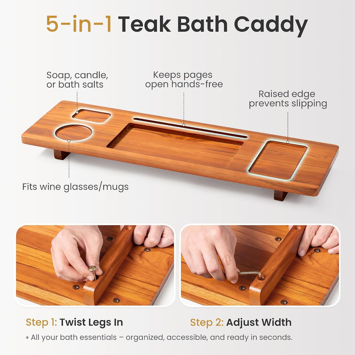 29 Inch Teak Bathtub Tray for Freestanding Tubs, Luxury Bath Caddy