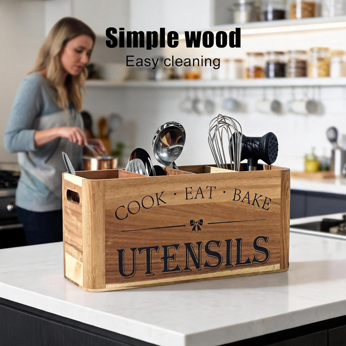 Utensil Holder for Kitchen Countertop - Extra Large 4 Compartment Wooden Orga...