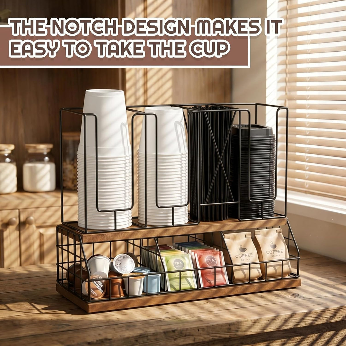 Geelin 18oz Adjustable Coffee Cup Dispenser with Wooden Base, Cup and Lid Hol...