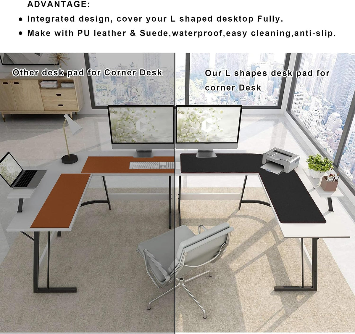 ZORESYN PU Leather L-Shaped Desk Mat, Black (47" + 47") x 15.7"