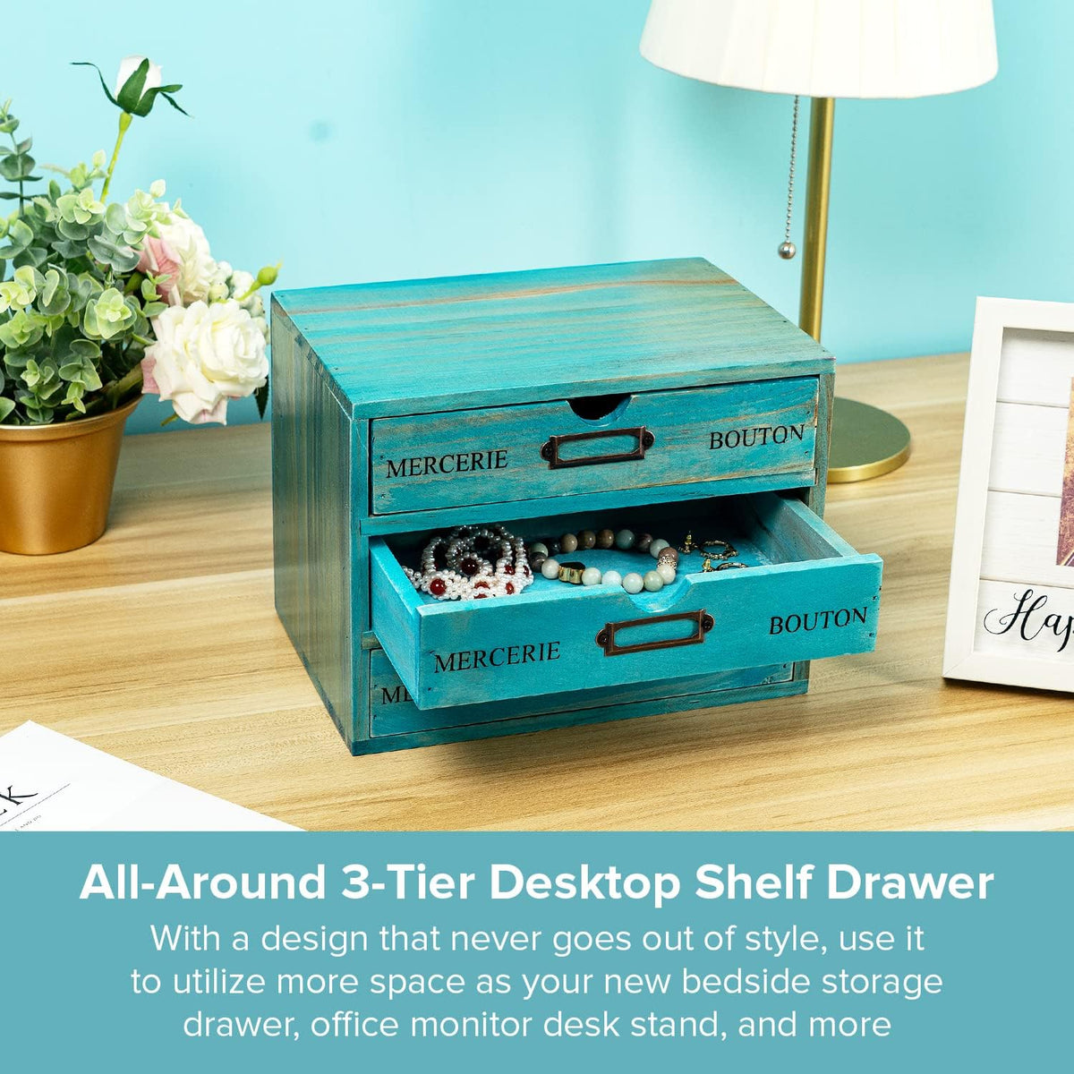 Turquoise 3-Tier Drawer Unit - European Country Style Desk Organizer Box - 9....