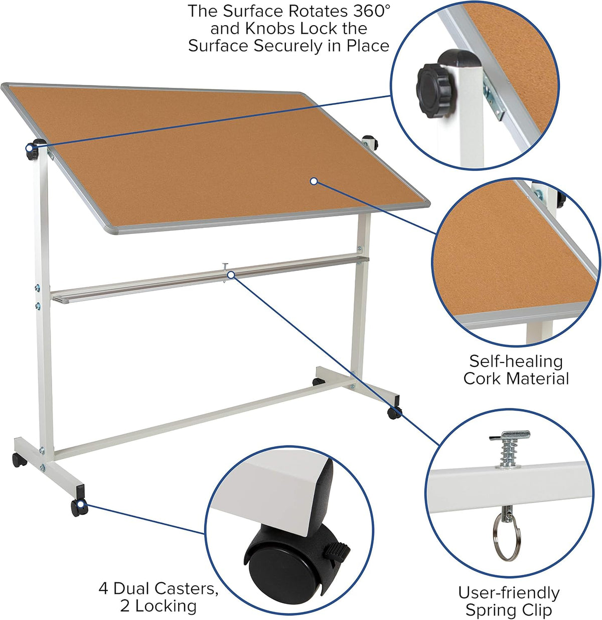 EMMA + OLIVER Reversible 64.25x64.75 Mobile Cork and Whiteboard