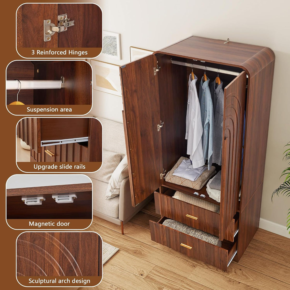 ORRD Freestanding Armoire Wardrobe Closet with Arched Fluted 2 Doors and 2 St...