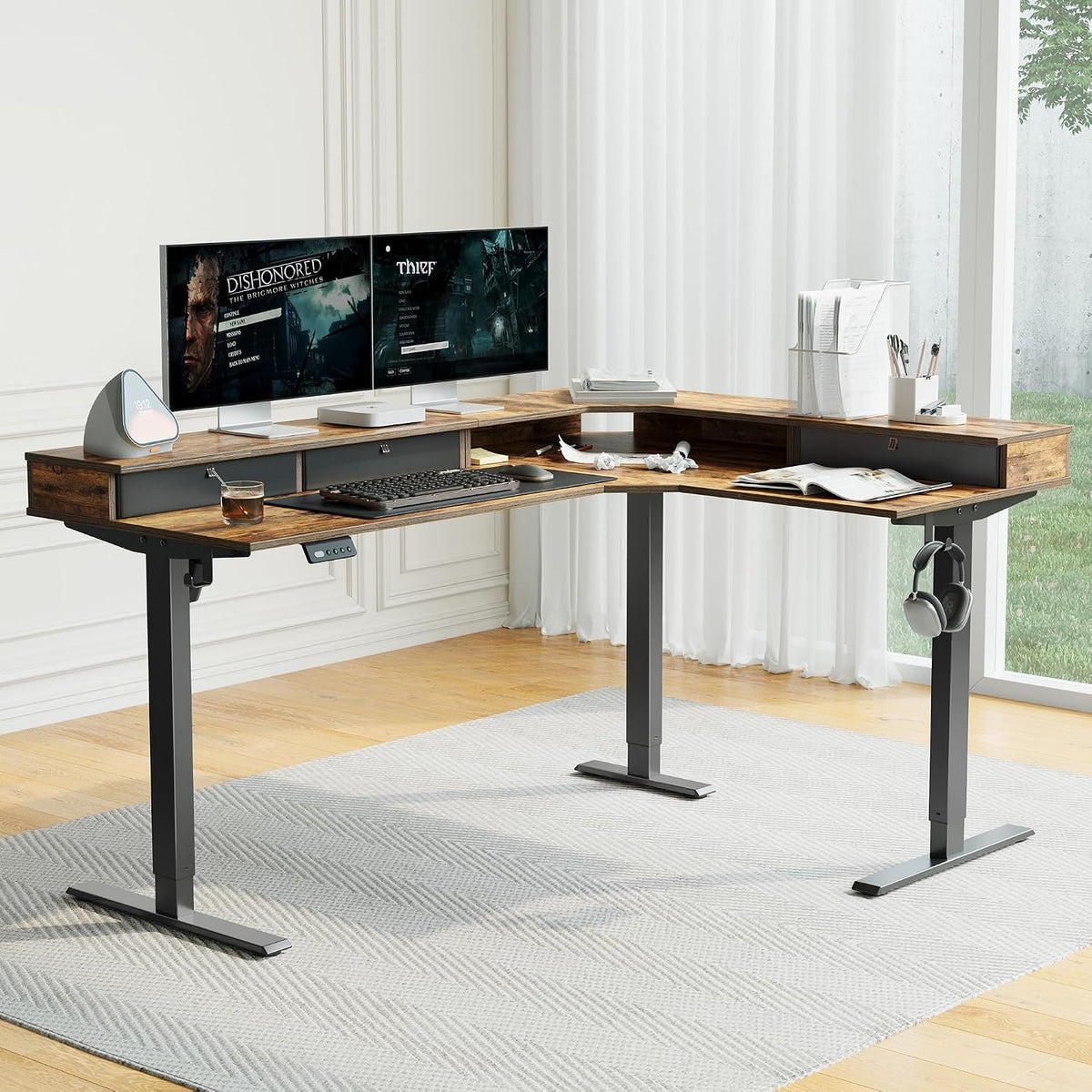 CubiCubi 63"x48" L Shaped Standing Desk with Drawers & Shelf, R...