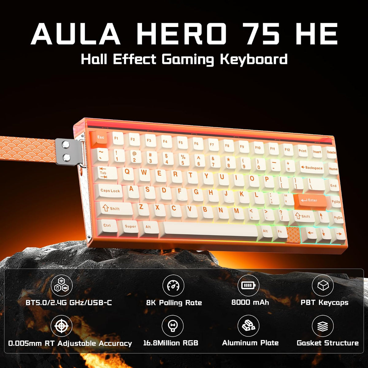 Aula Hero 75 HE Hall Effect Wireless Gaming Keyboard, 8K Polling & 8000mAh
