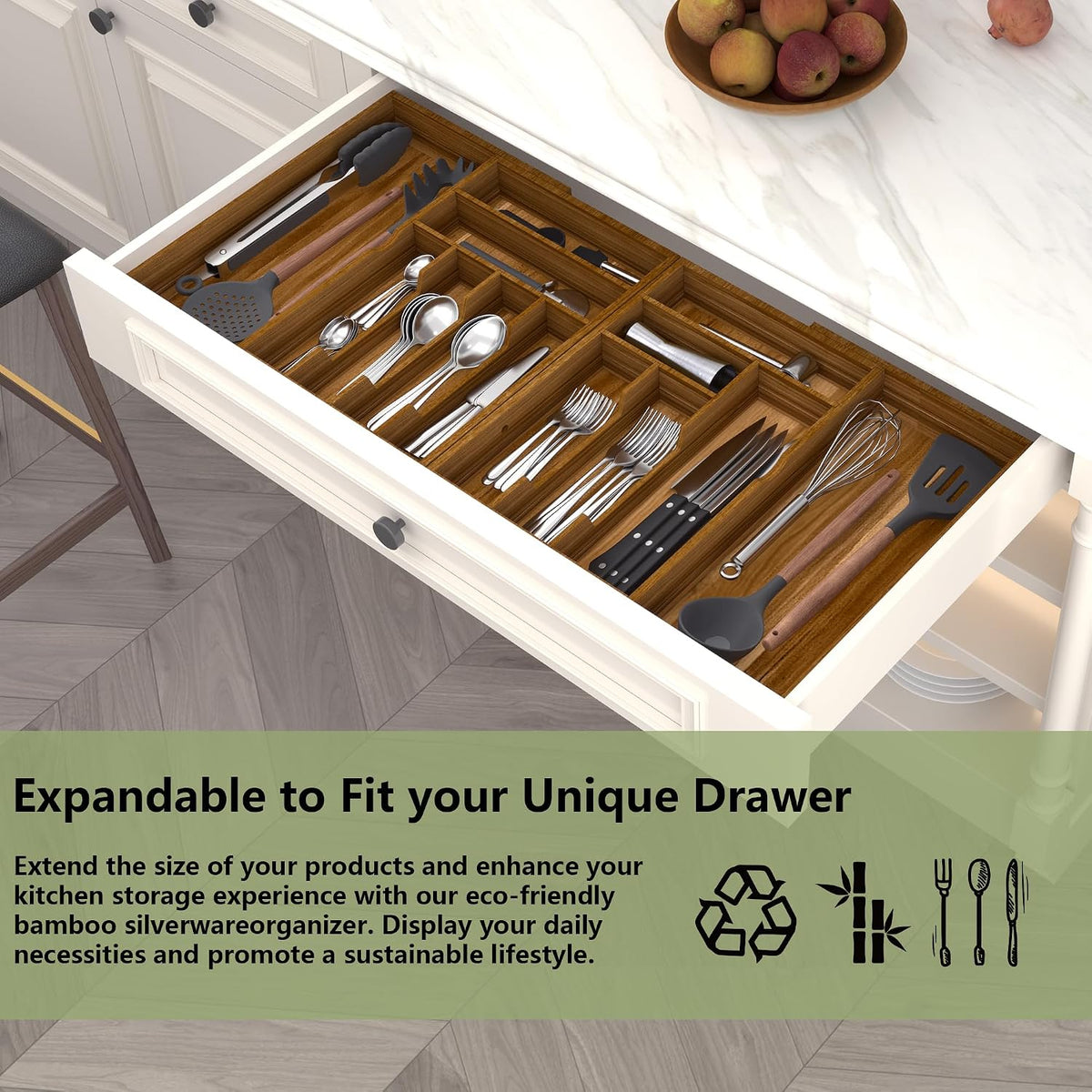 Suli Extra Large Silverware Drawer Organizer,Expandable 22in to 37in,Acacia