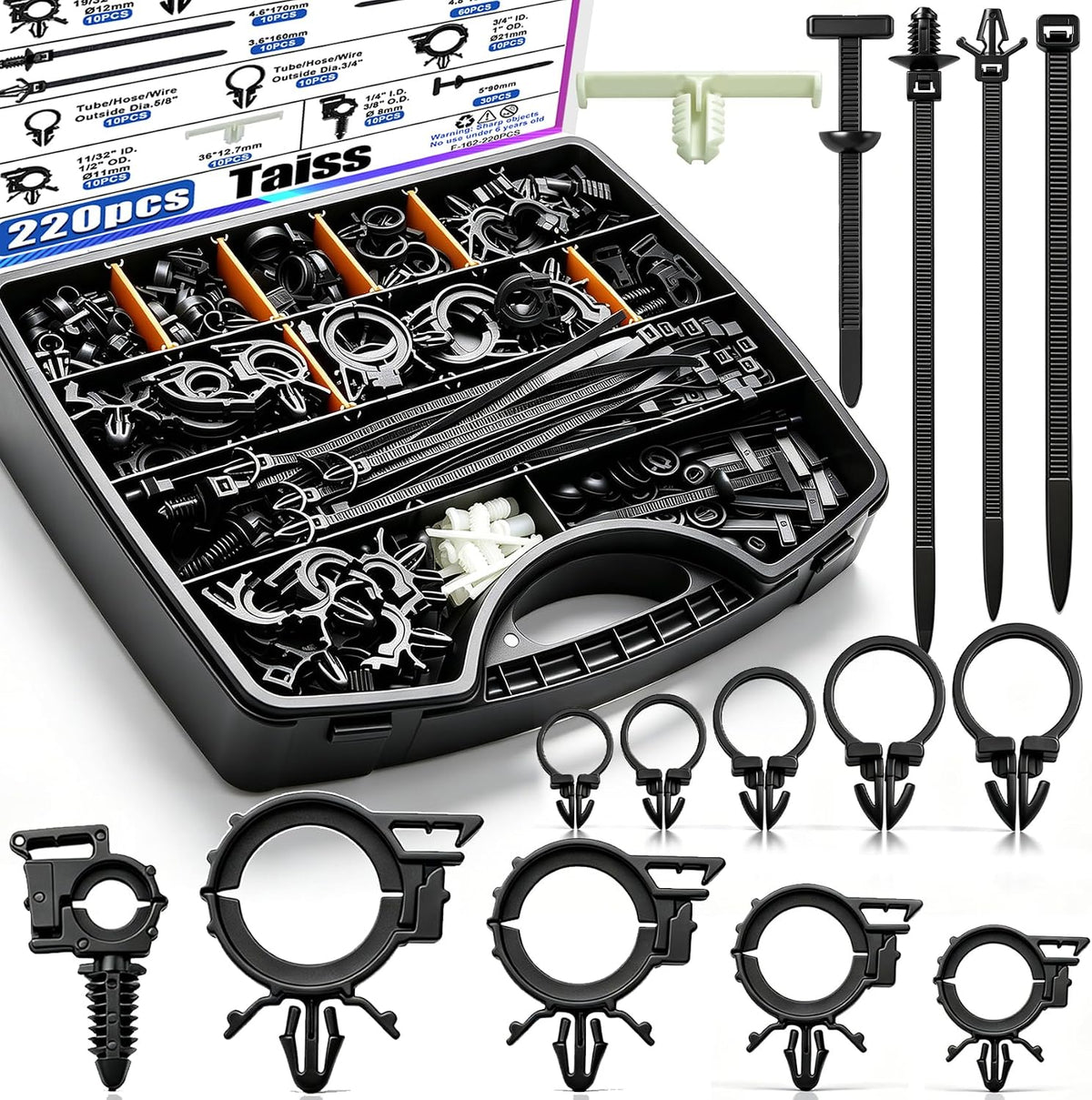 Taiss 220pcs Car Wire Loom Routing Clips,15 Sizes Push Mount Cable Ties