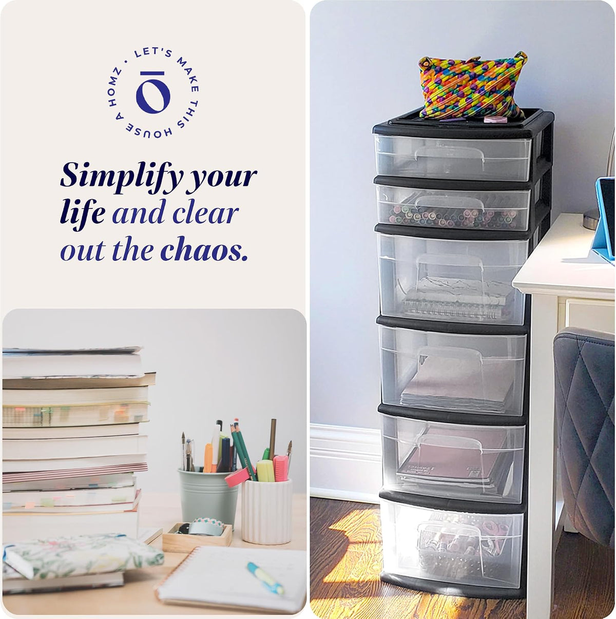 HOMZ Drawer Tower, 6-Tier Storage for Home Organization, Black Frame