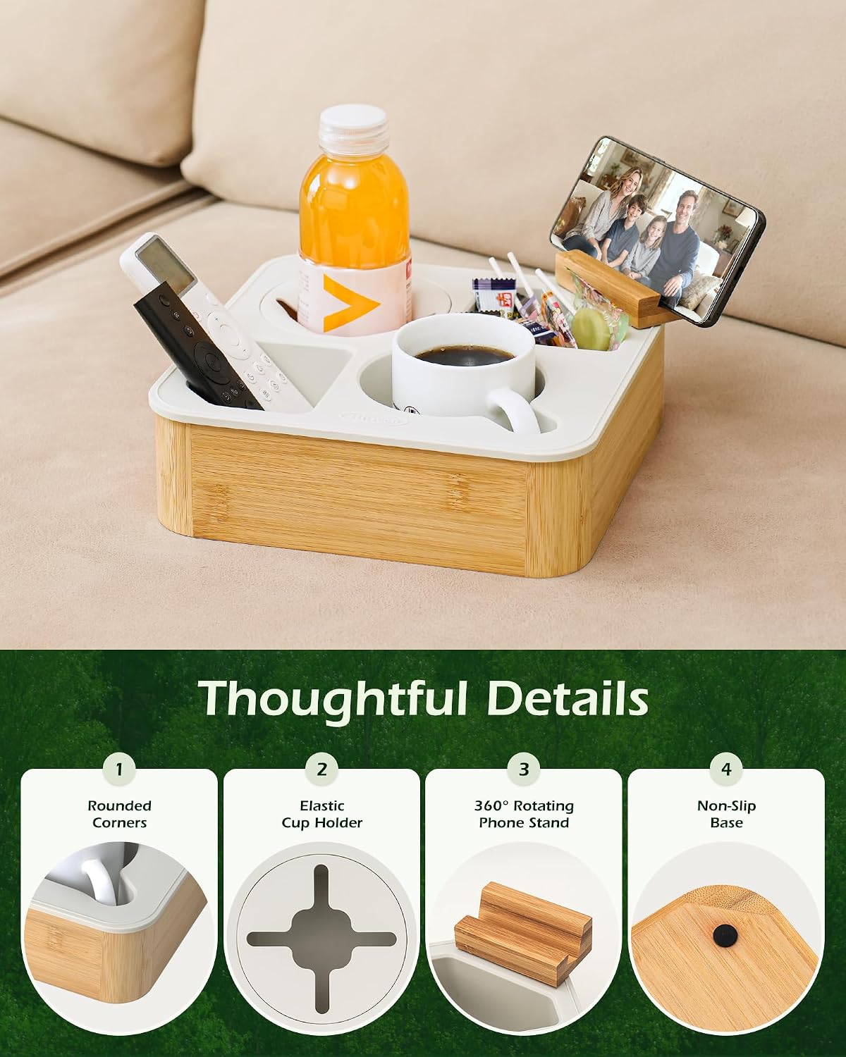 Couch Cup Holder Tray, Bamboo Couch Caddy with Rotatable Phone Holder for Bed...