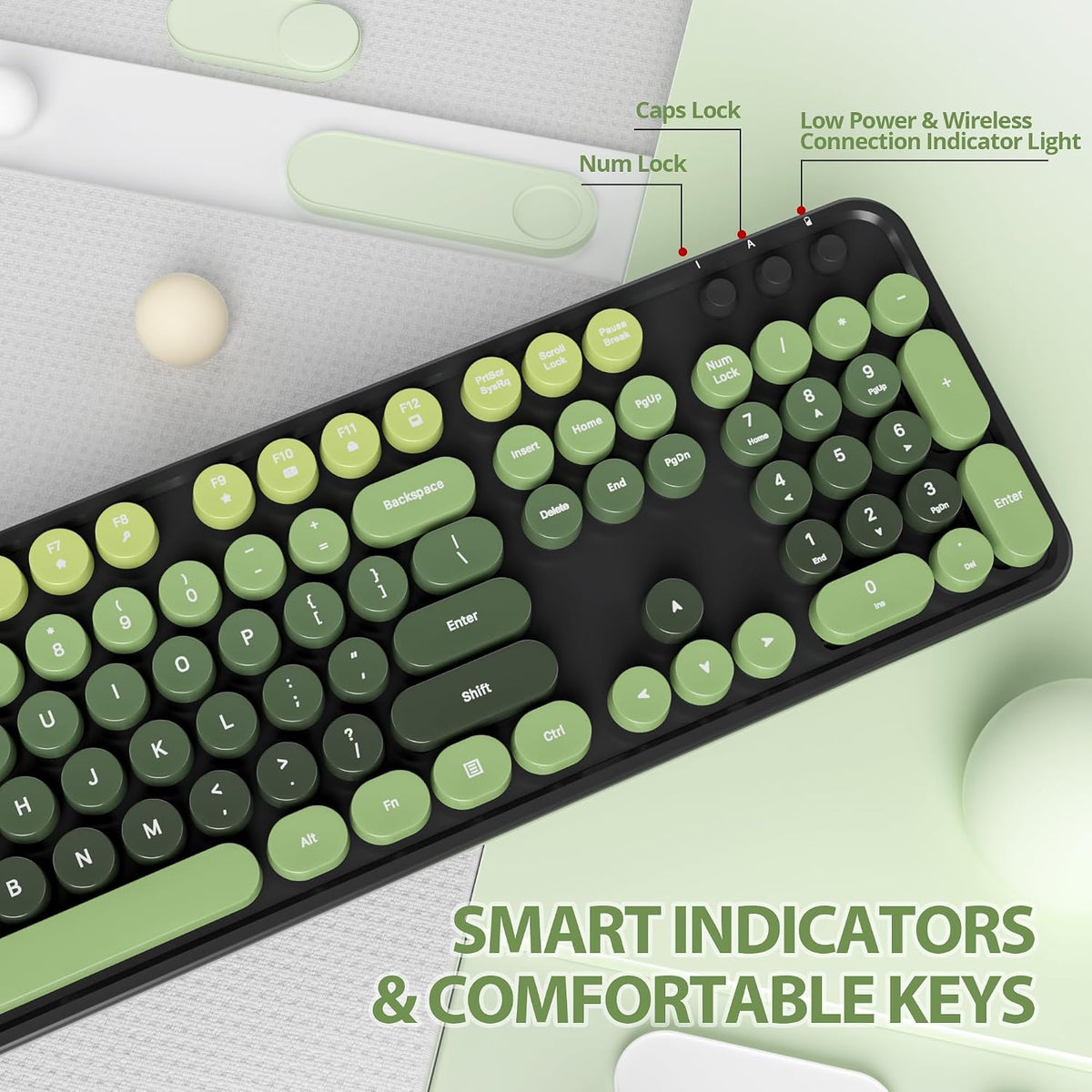 Green Wireless Keyboard and Mouse, Cute Keyboard and Mouse Combo, Full Size T...