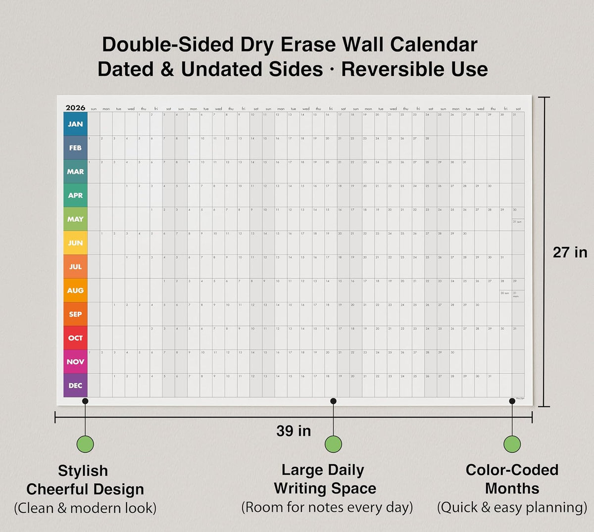 Dry Erase Wall Calendar 2026, 27×39 in — Double-Sided Yearly Planner (Dated &...