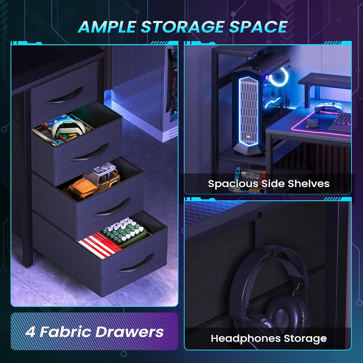51in Gaming Computer Desk with Drawers & Power Outlet & LED Lights, B...