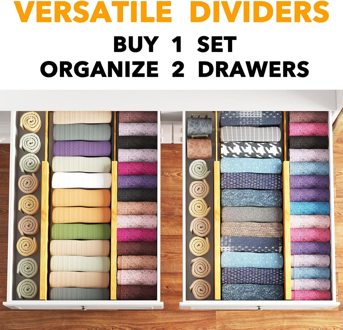SpaceAid Bamboo 4 Pack Dresser Drawer Dividers, 4.65“ High Adjustable 17“-22”...