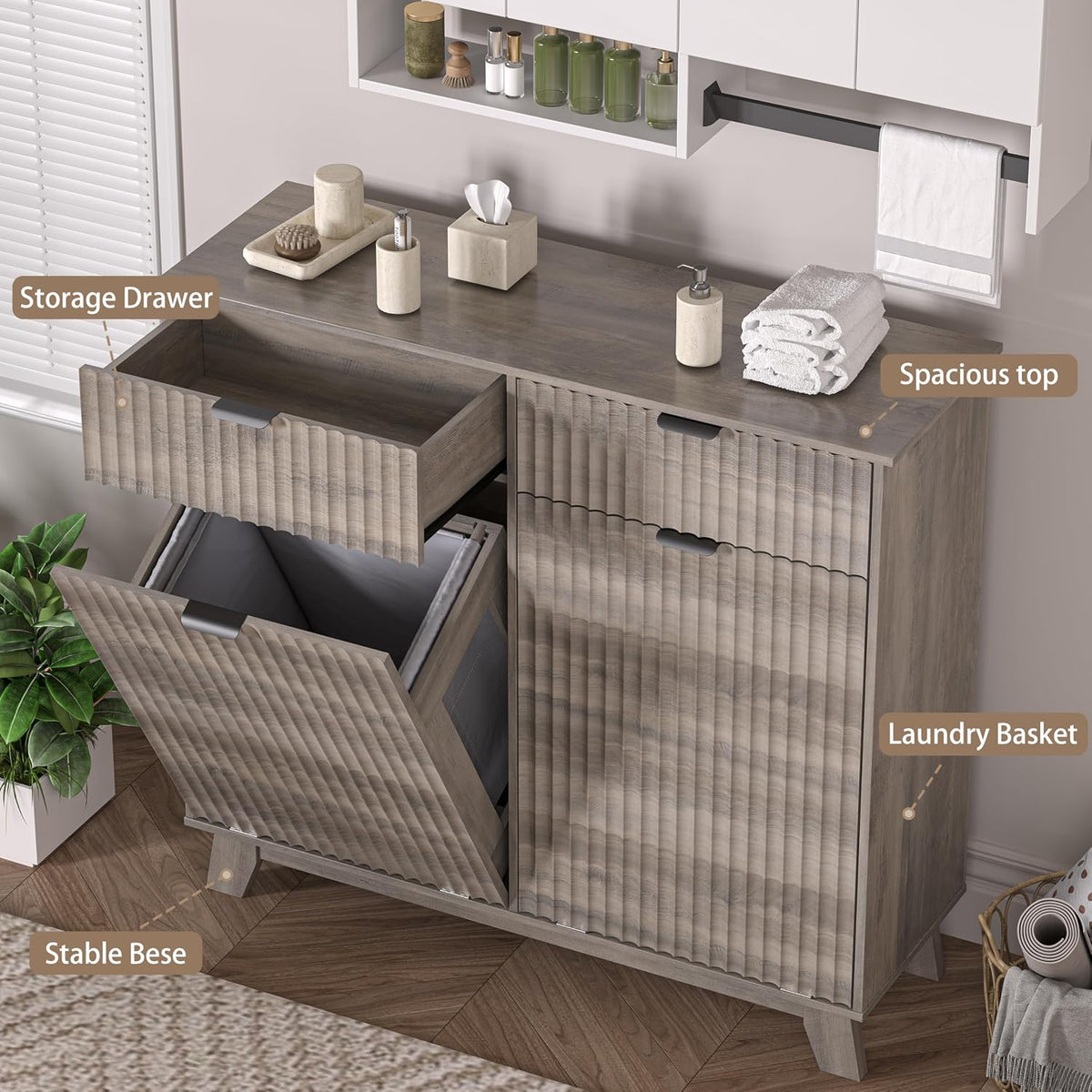 Wodeer Double Tilt Out Laundry Hamper Cabinet with 2 Drawers & Baskets, 2...