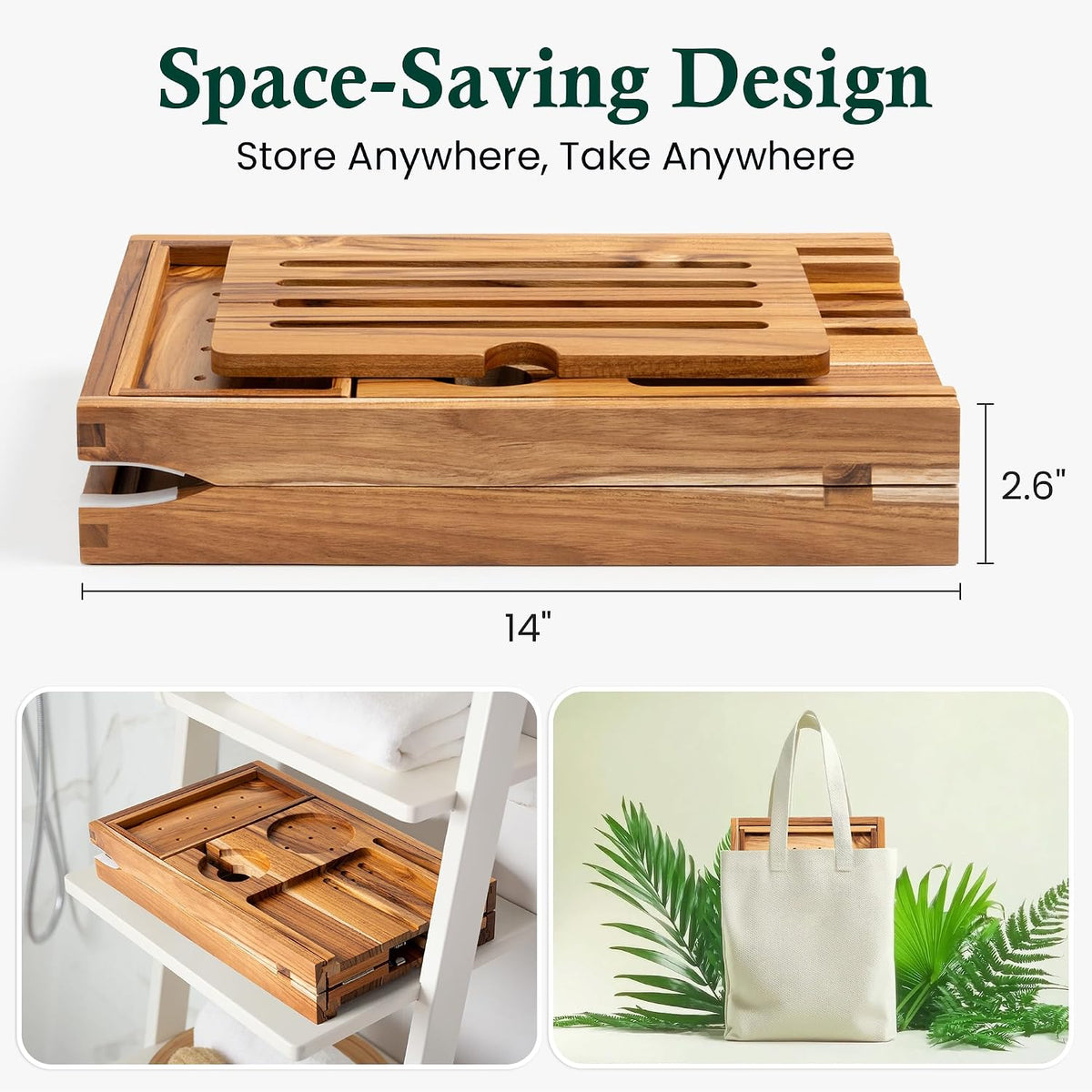 Teak Bathtub Tray Caddy, Natural Unfinished Wood Bath Organizer