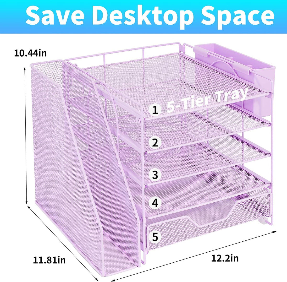 5-Tier Desk File Organizer with Drawer & Pen Holder (Purple)