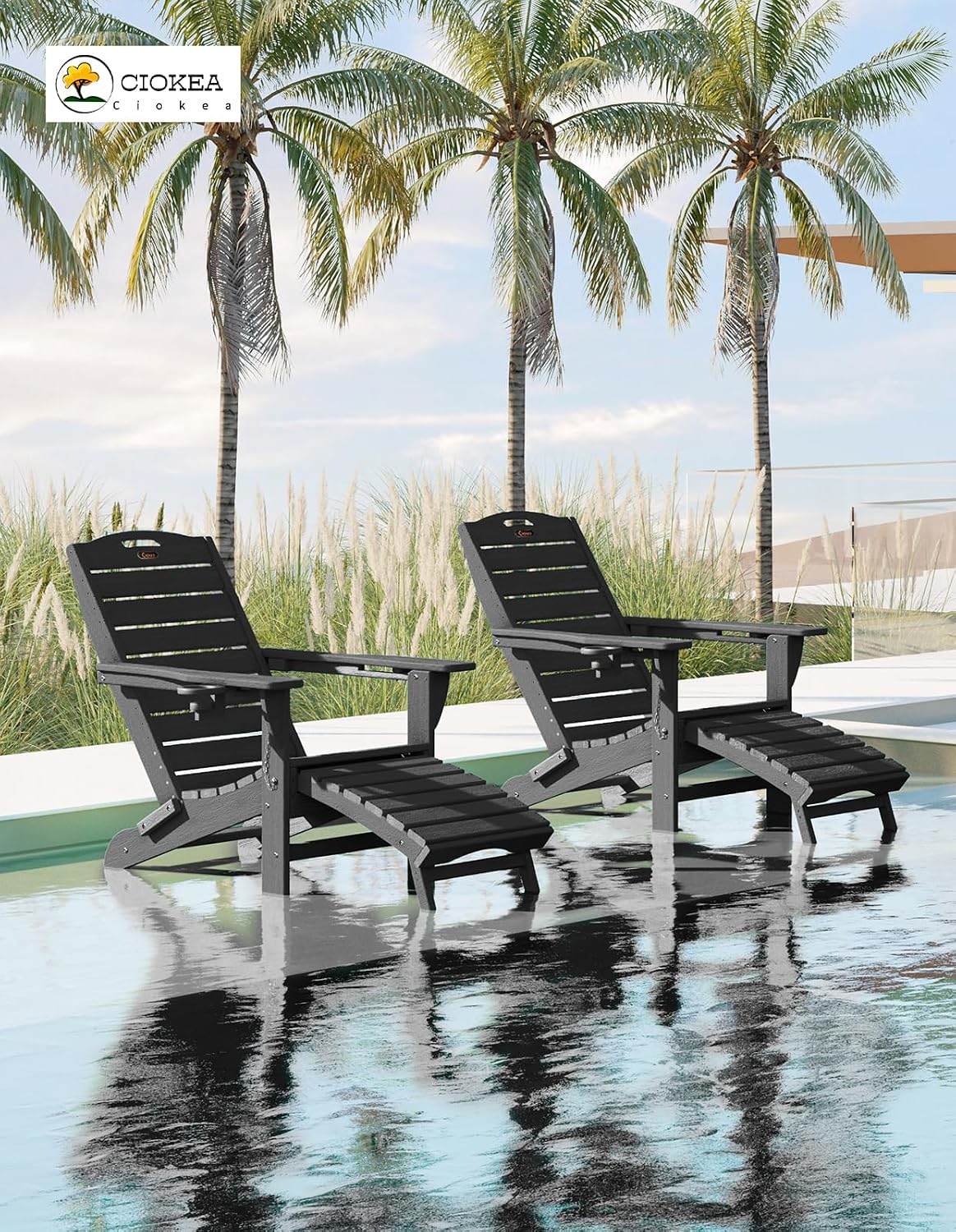 Ciokea HDPE Folding Adirondack Chair with Footrest,Black,1