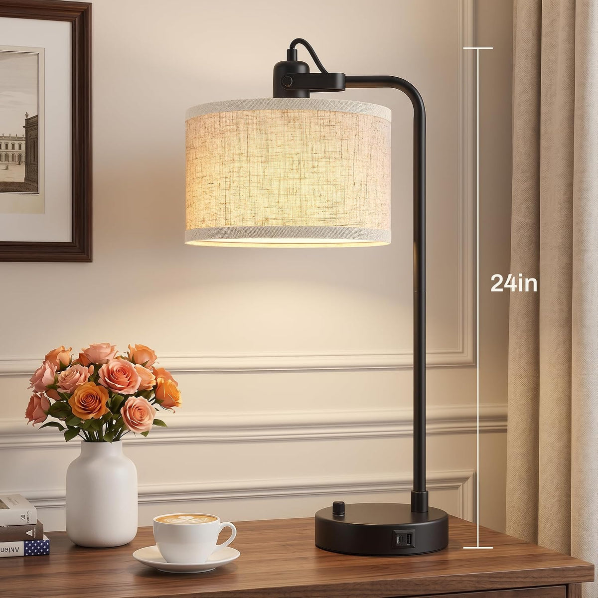 Black Table Lamp Set of 2, USB A+C, 180° Adjustable Bedside Lamps, Dimmable