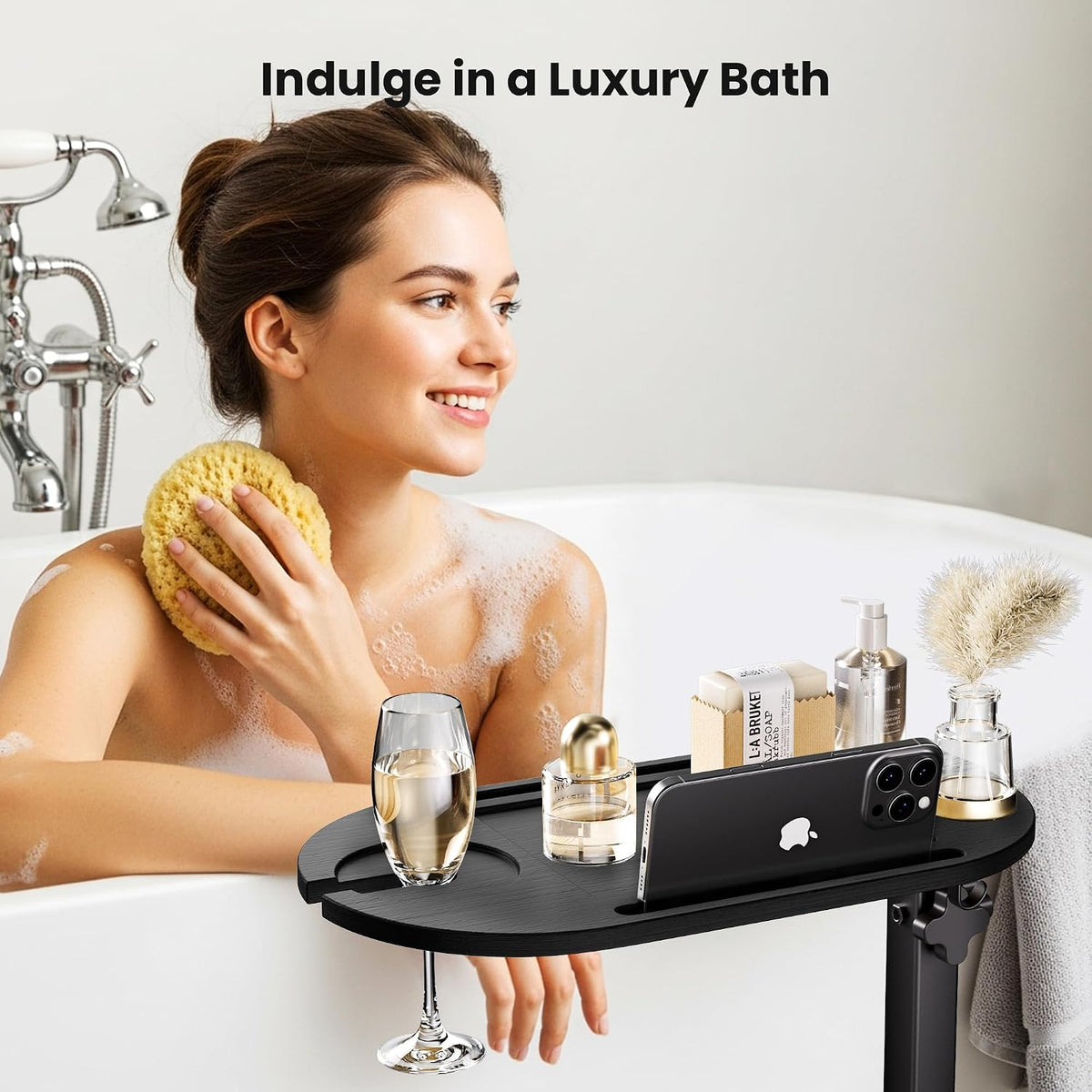 Bamboo Bathtub Table with Adjustable Height for Bathroom