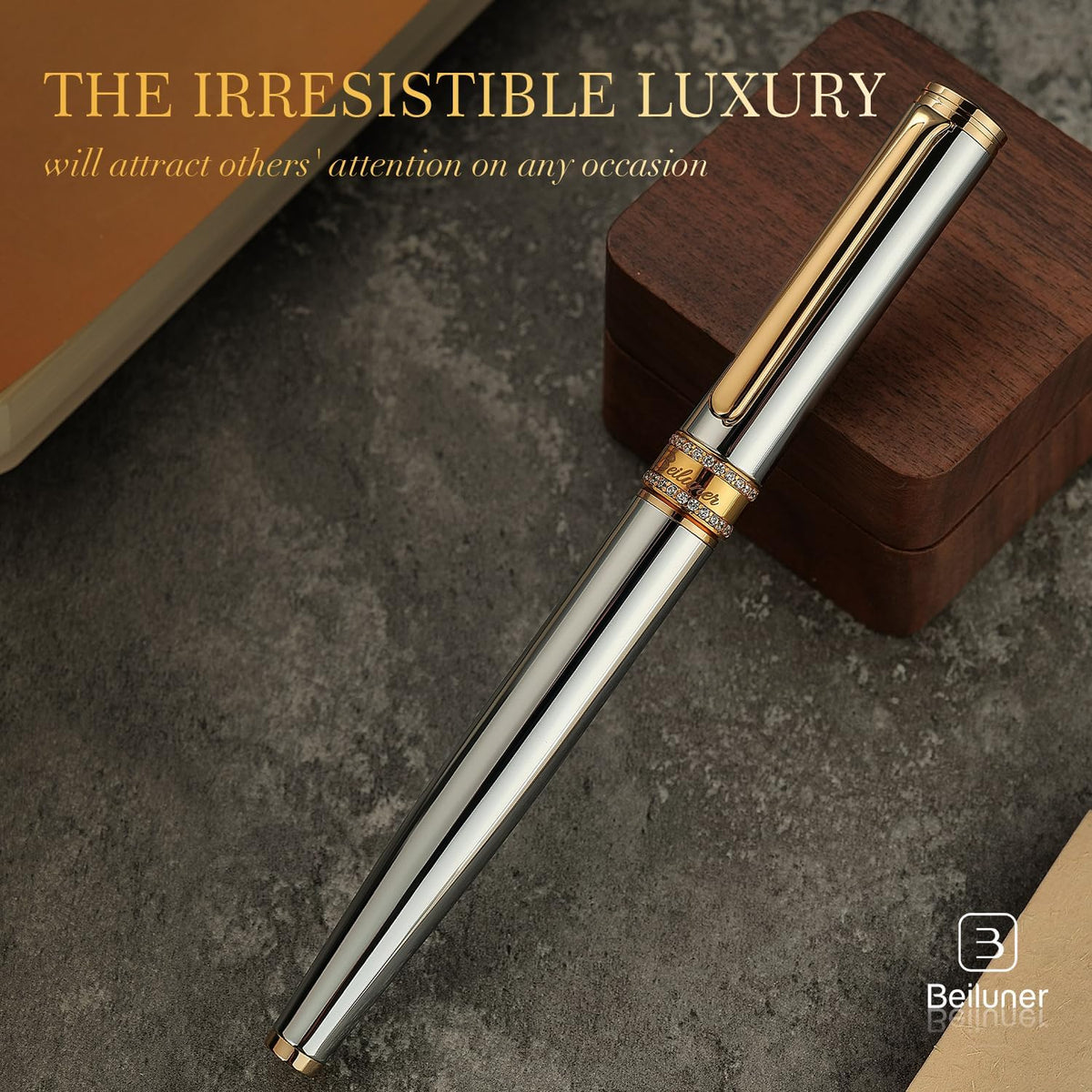 BEILUNER Silver Chrome Rollerball Pen, Diamond-Studded Cap Design, 24K Gold T...