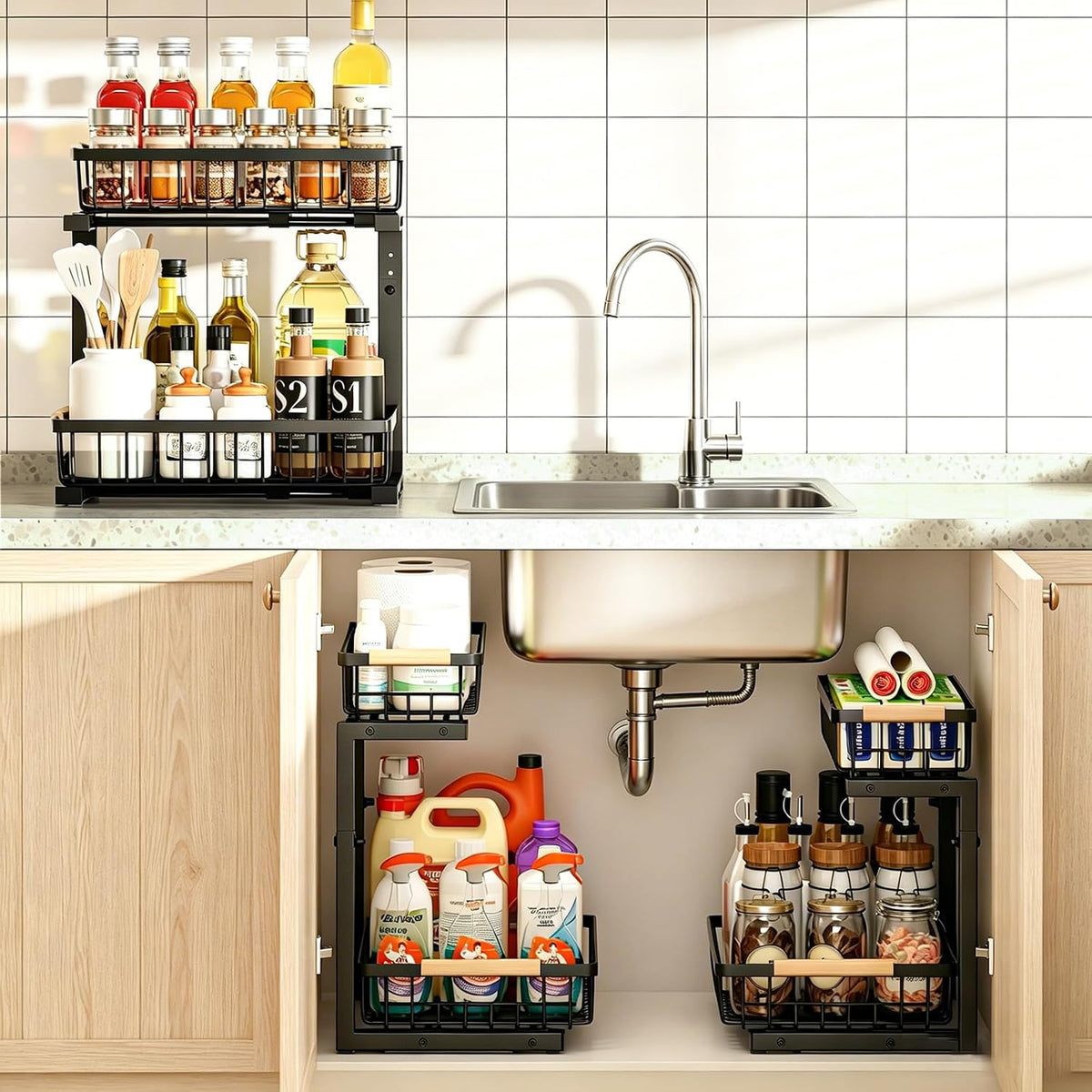 REALINN Under Sink Organizer, 2 Pack Height Adjustable Under Sink Organizers ...