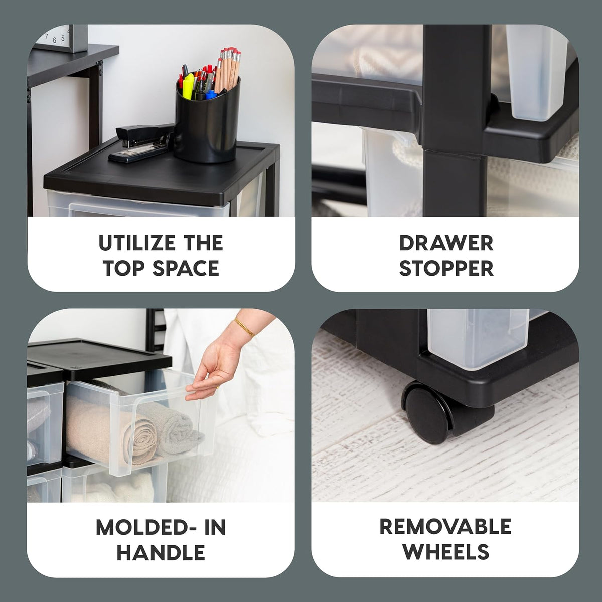 IRIS USA 3-Drawer Slim Narrow Storage Organizer Rolling Cart, Black/Clear