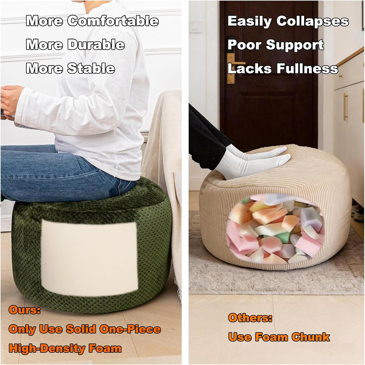 20"x14" Round Foam Stuffed Pouf Ottoman, Under Desk Footrest,Deep G...