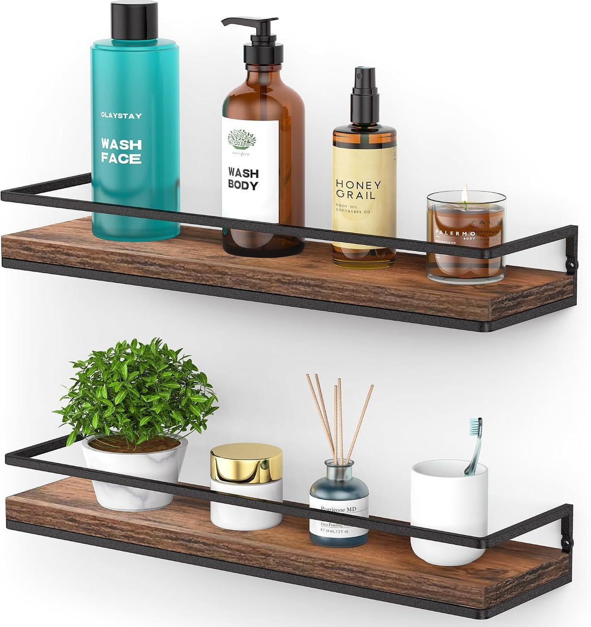 Meangood Rustic Brown Floating Shelves for Wall 17" Bathroom Shelf Set of 2