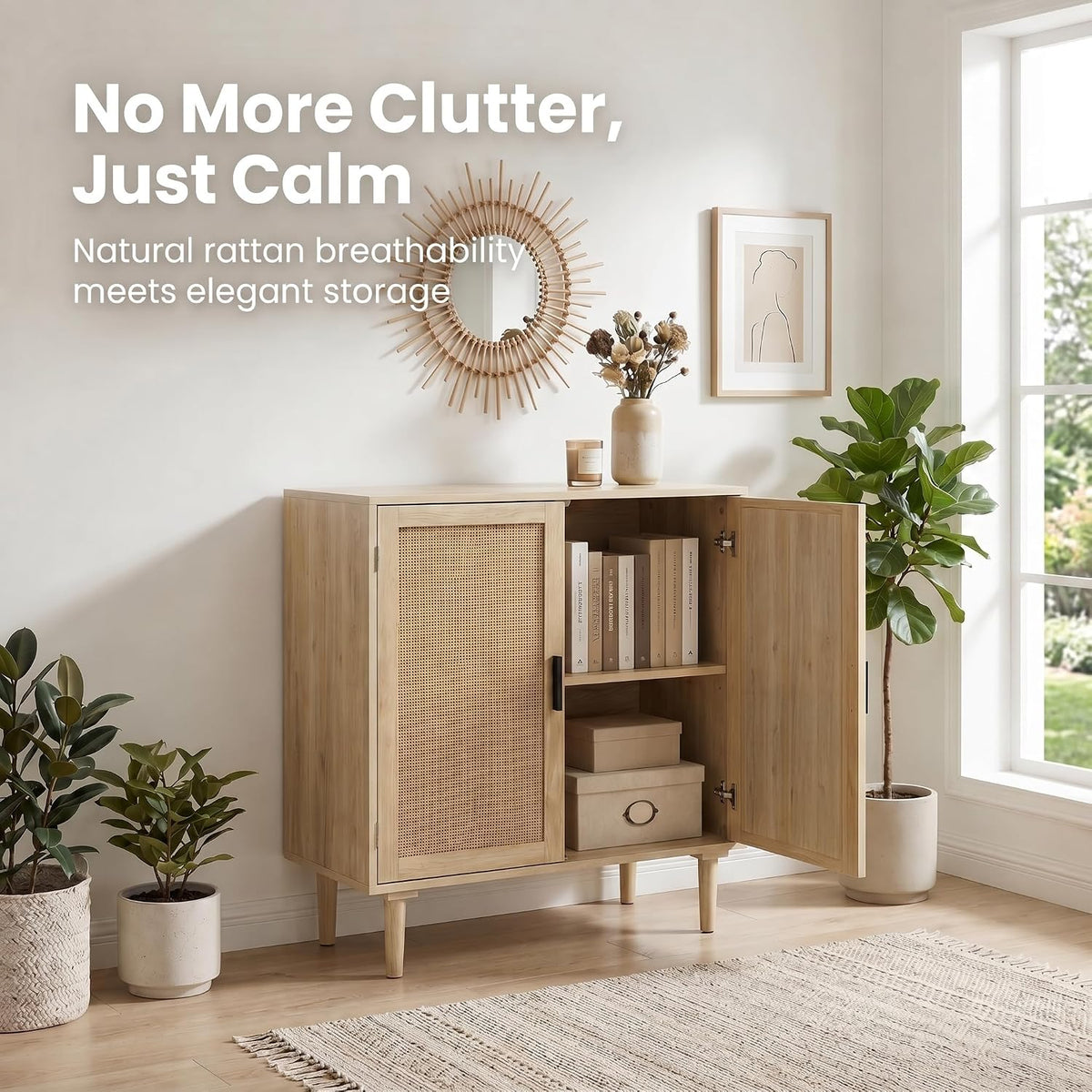 Finnhomy Sideboard Buffet Cabinet, Kitchen Storage Sideboard with Rattan Deco...
