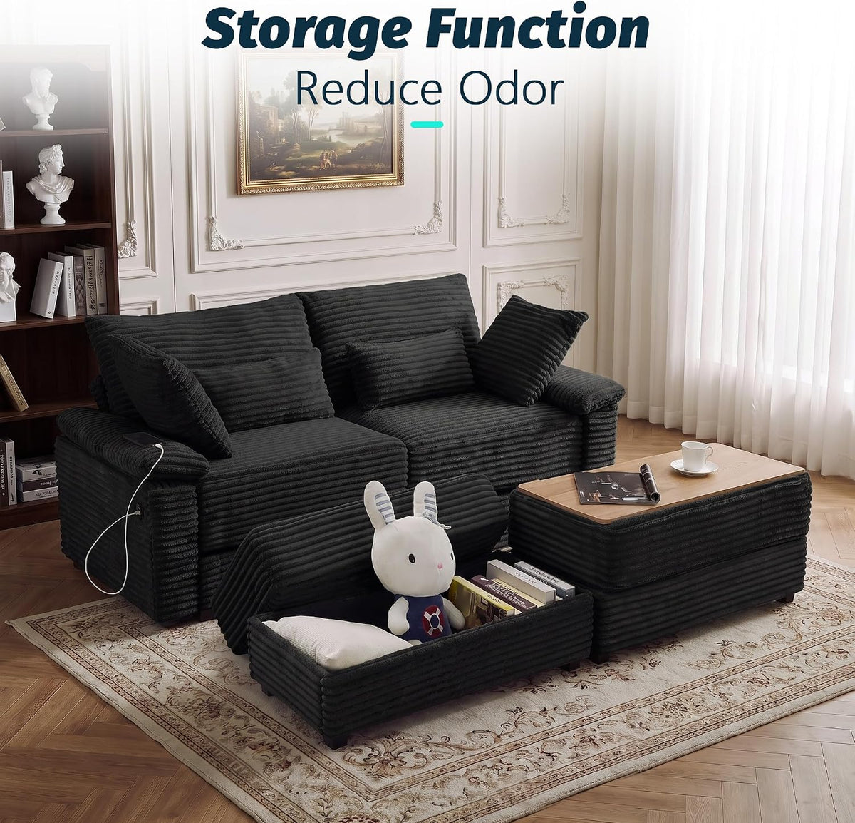 75" Corduroy Loveseat Sofa with 2 Storage Ottoman, USB Charging, Black