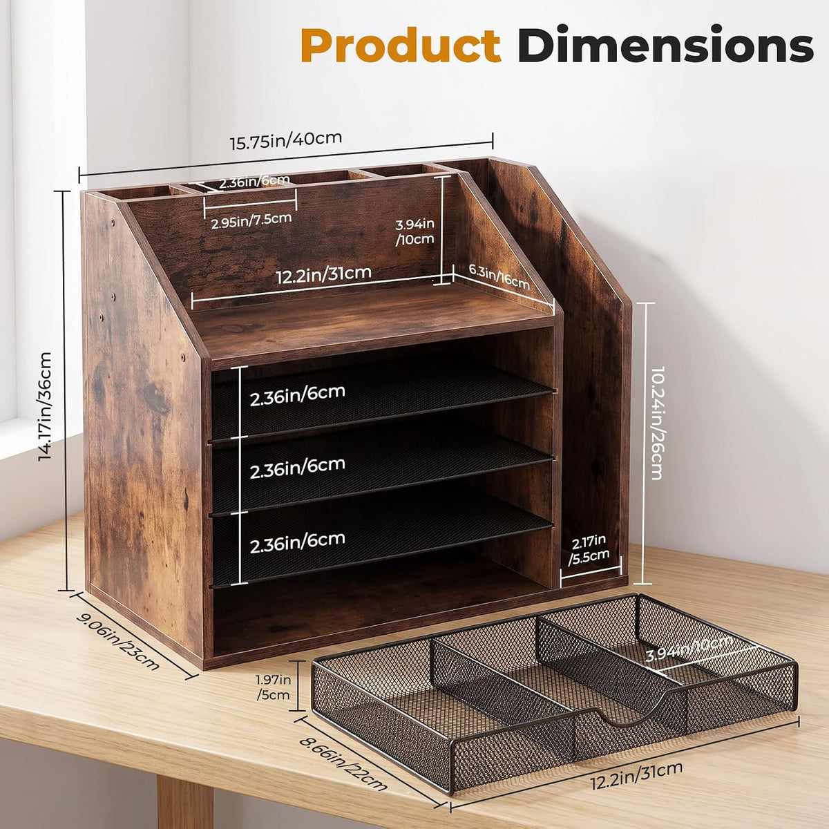 5-Tier Wood Desk Organizer and Pen Holder, File and Mail Sorter with Drawer