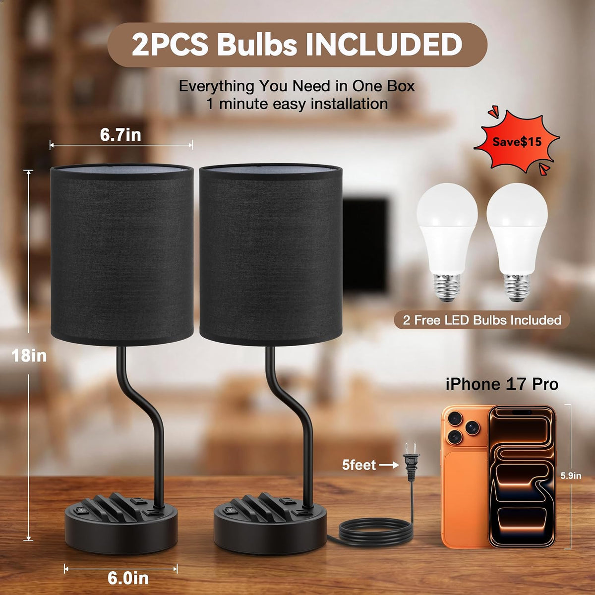 Fenmzee Bedside Lamps for Bedroom Set - 18" Black Table Lamp for Nightstand