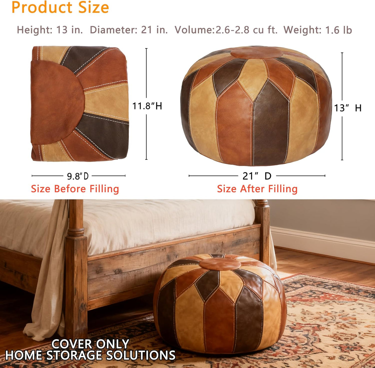 Thgonwid Unstuffed Moroccan Faux Leather Pouf Ottoman Cover with Storage - Bo...