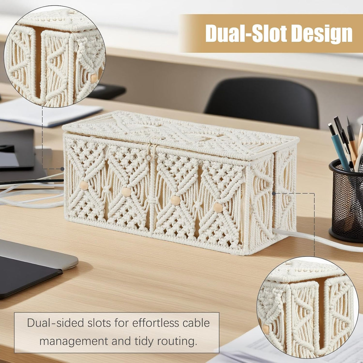 2PCS Cable Management Box Handmade Macrame Cord Organizer Basket