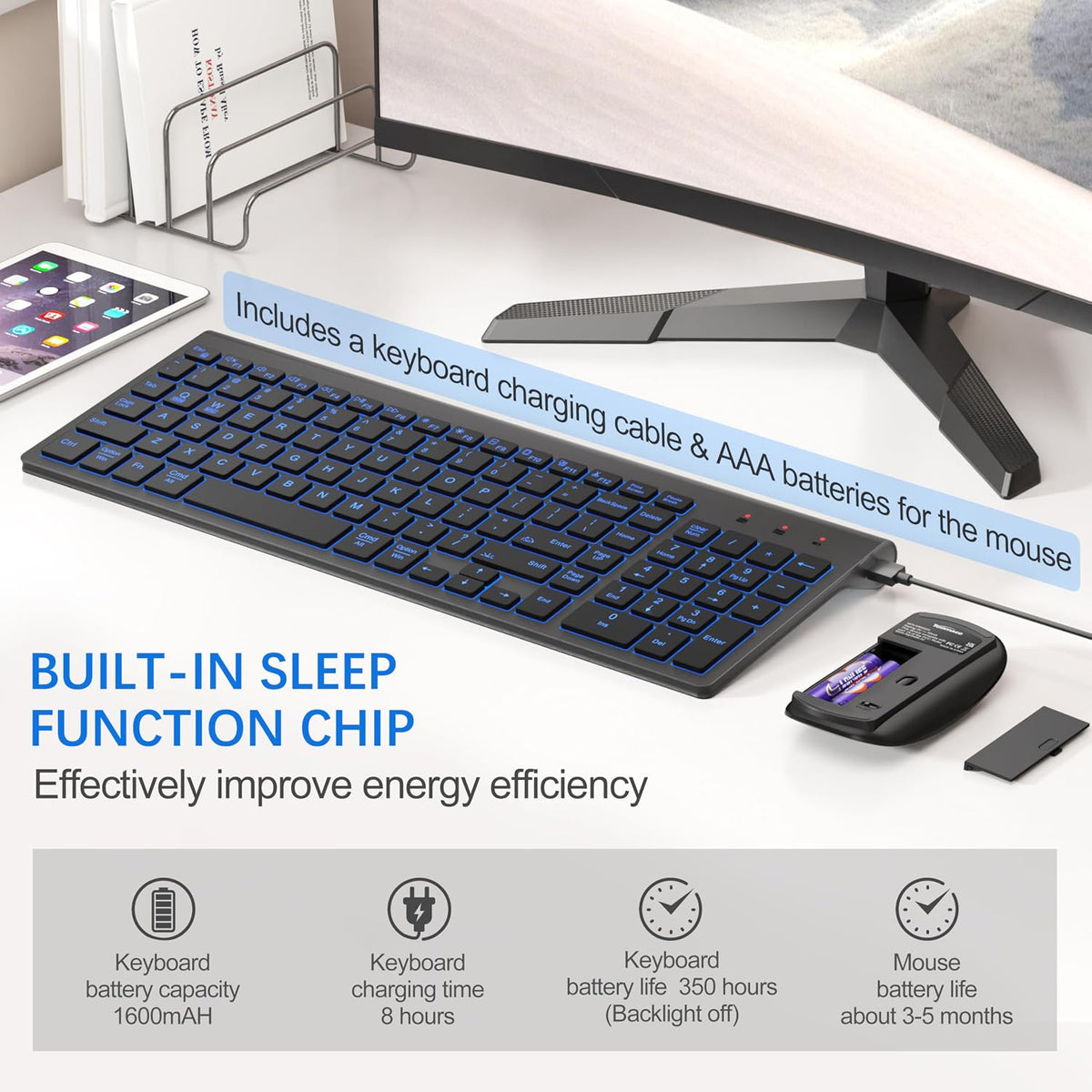Wireless Backlit Keyboard and Mouse Ultra Slim Combo, TopMate - Matte Black