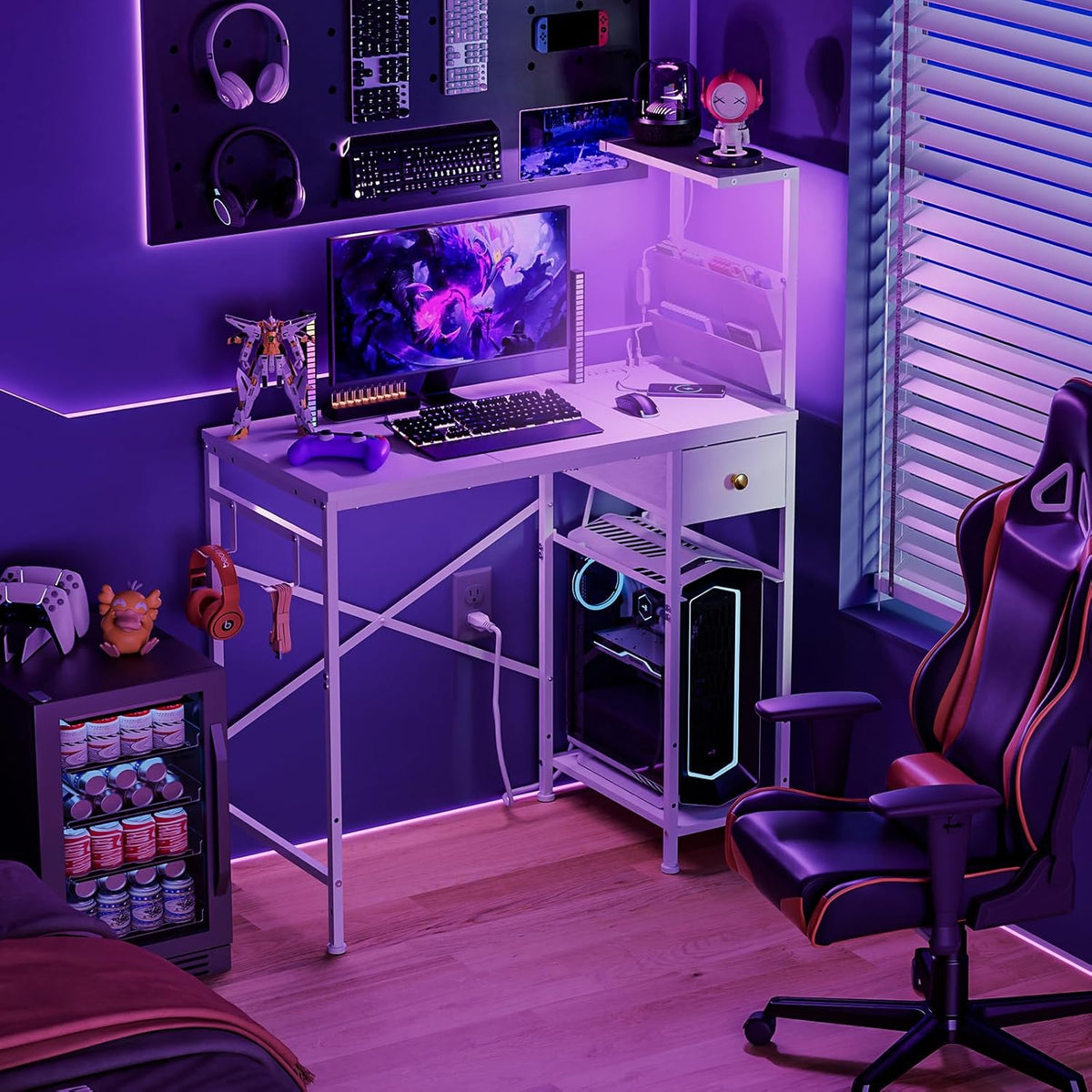 Jakyitvi 33.7" Computer Desk with Power Outlets, LED Lights & Drawer...